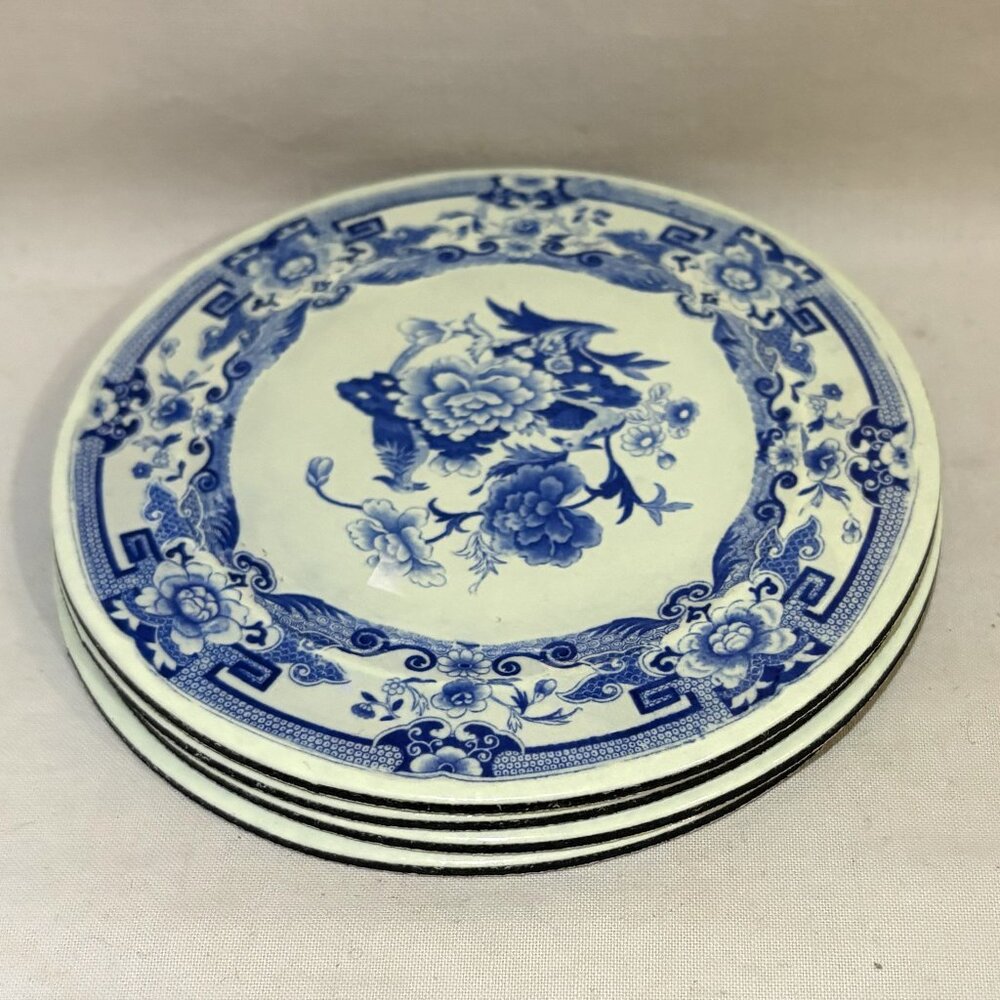 Caspari Die Cut Coasters 4.75" Set of 4 Blue White Floral and Bird